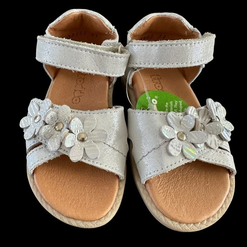 NWT Froddo Baby Girls Size 21 Silver Flower Sandals‎ Shoes Leather First Walkers